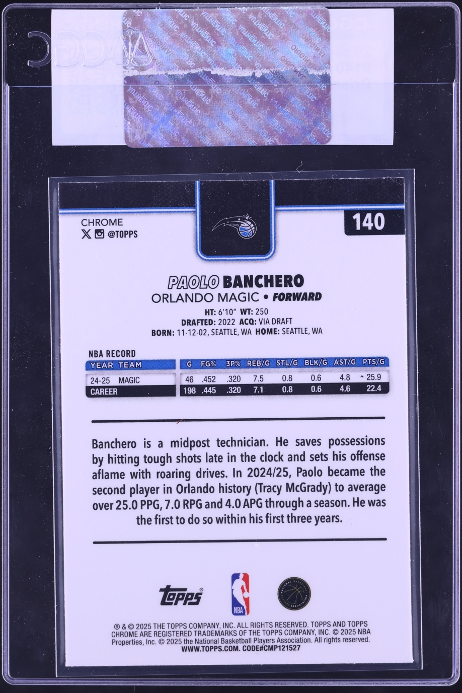 2025 Topps Chrome Prism Refractor Paolo Banchero #140 CGC AUTH