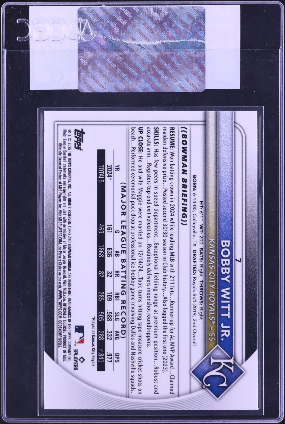 2025 Bowman Chrome Mega Box Bobby Witt Jr. #7 CGC AUTH