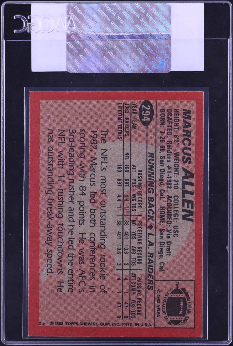 1983 Topps Football Marcus Allen ROOKIE #294 CGC AUTH