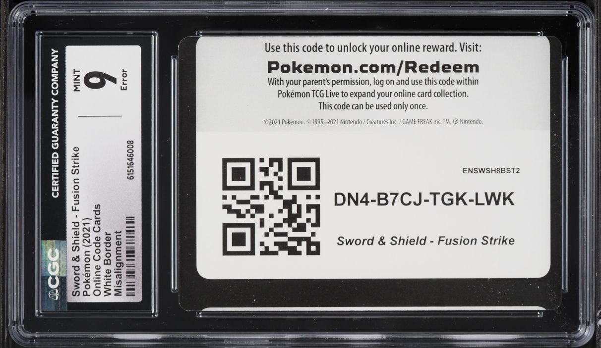 2021 Pokemon SWSH Fusion Strike White Border Error Online Code Card CGC 9 MINT