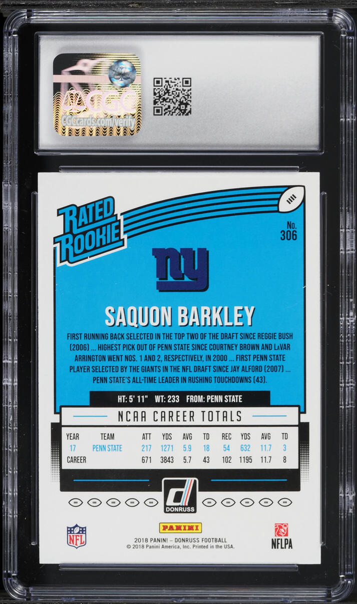 2018 Donruss Football Saquon Barkley ROOKIE #306 CGC 10 GEM MINT