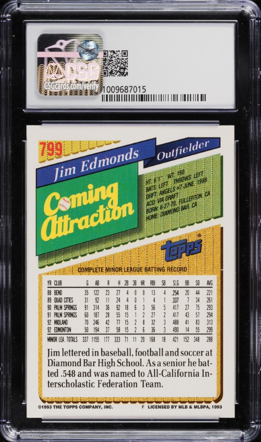 1993 Topps Jim Edmonds ROOKIE #799 CSG 9 MINT