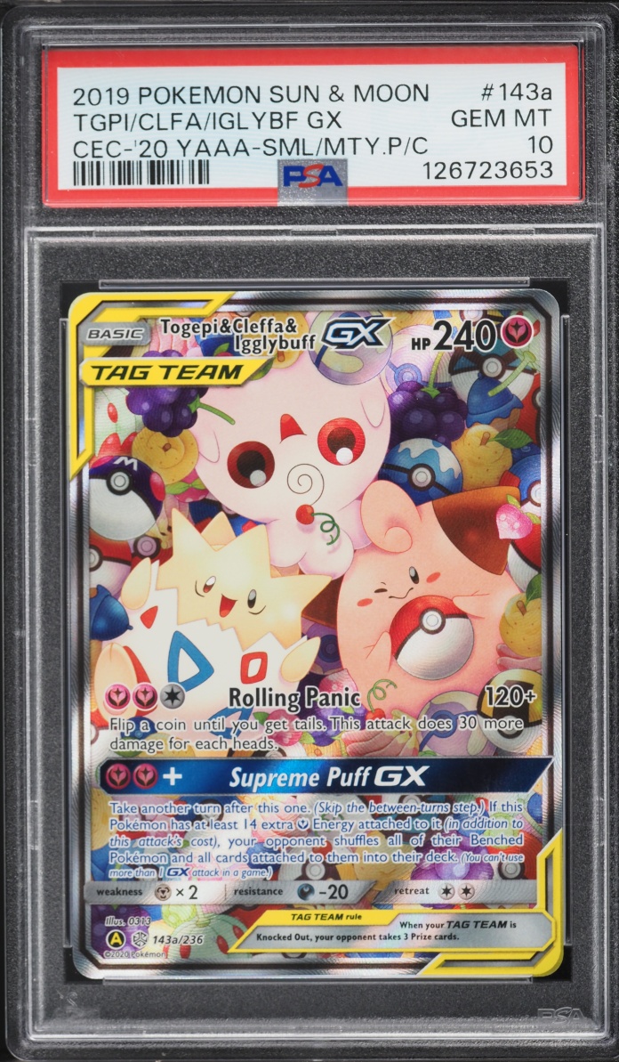 2019 Pokemon Sun & Moon Cosmic Eclipse Alt Art Togepi Cleffa Igglybuff GX #143a PSA 10 GEM MINT