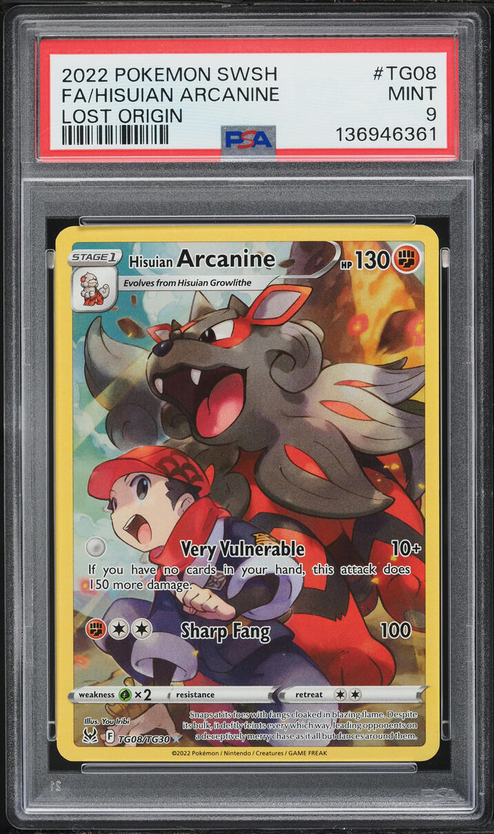 2022 Pokemon Sword & Shield Lost Origin Full Art Hisuian Arcanine #TG08 PSA 9 MINT