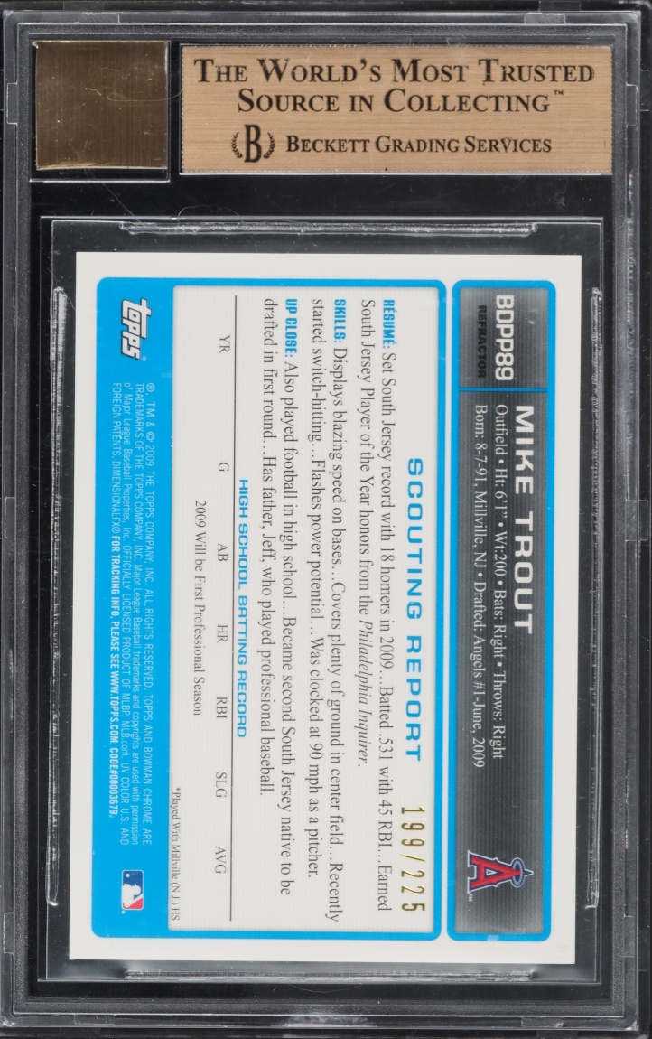 2009 Bowman Chrome Xfractor Mike Trout PROSPECT AUTO /225 #BDPP89 BGS 9.5 GEM MINT