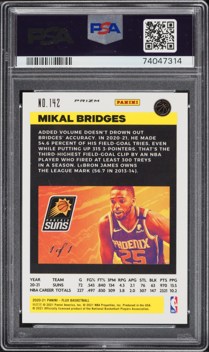 2020 Panini Flux Black Cracked Ice Mikal Bridges 1/1 #142 PSA 9 MINT