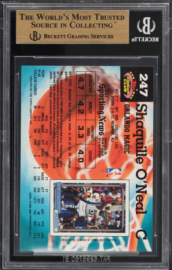 1992 Stadium Club Basketball Shaquille O'Neal ROOKIE #247 BGS 9.5 GEM MINT