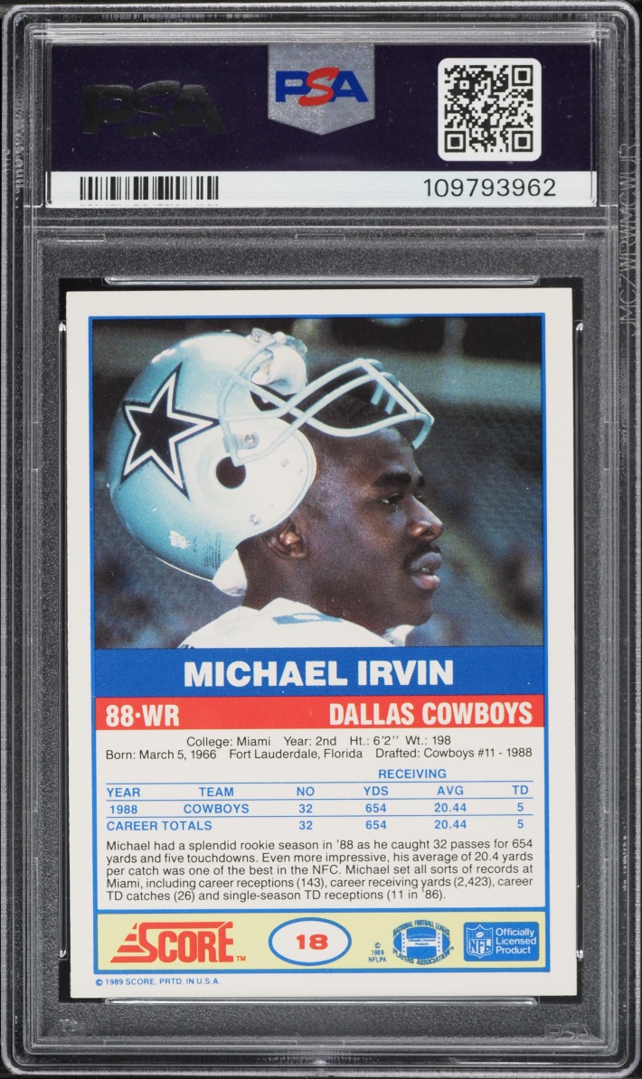 1989 Score Football Michael Irvin ROOKIE #18 PSA 9 MINT