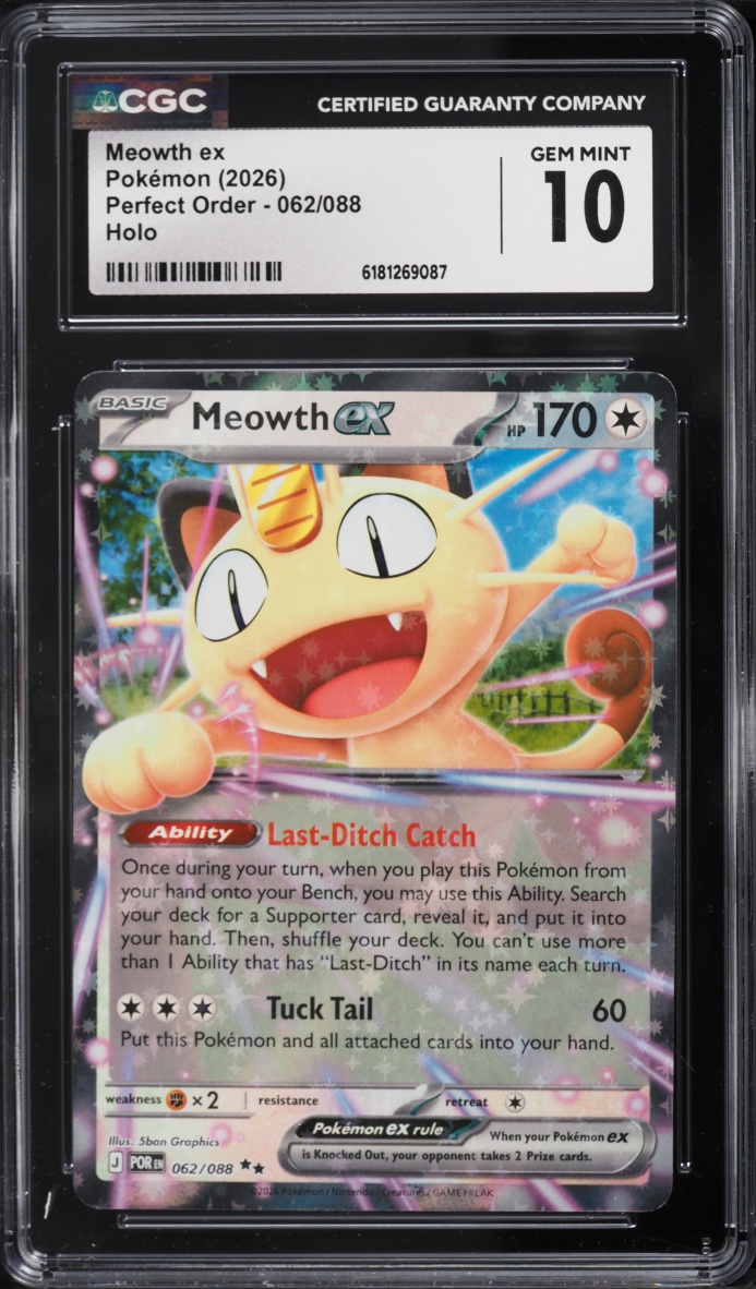 2026 Pokemon Mega Evolution Perfect Order Holo Meowth ex #62 CGC 10 GEM MINT