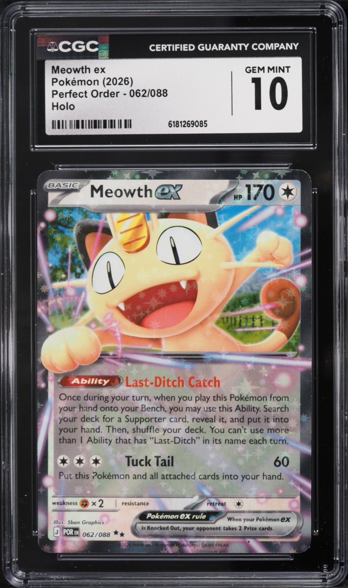 2026 Pokemon Mega Evolution Perfect Order Holo Meowth ex #62 CGC 10 GEM MINT