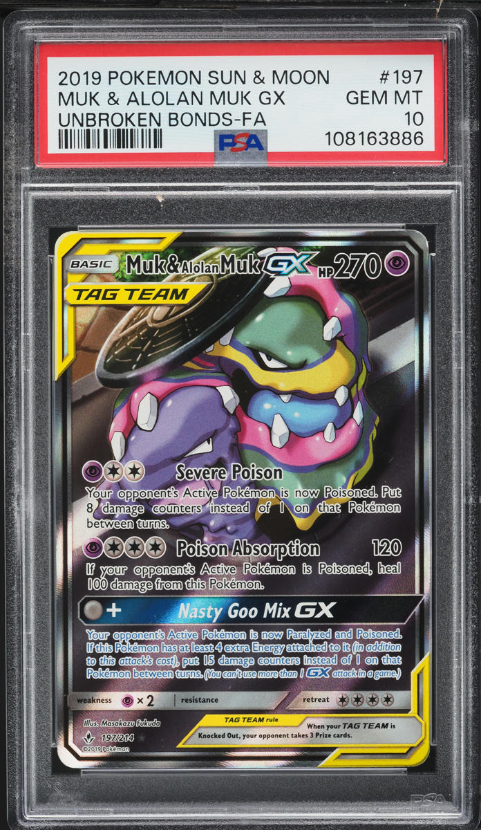 2019 Pokemon Sun & Moon Unbroken Bonds Full Art Muk & Alolan Muk GX #197 PSA 10 GEM MINT