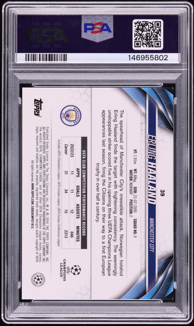 2023 Topps Chrome UEFA Club Competitions Red Refractor Erling Haaland /5 #39 PSA 8.5 NM-MT+ - Photo 2