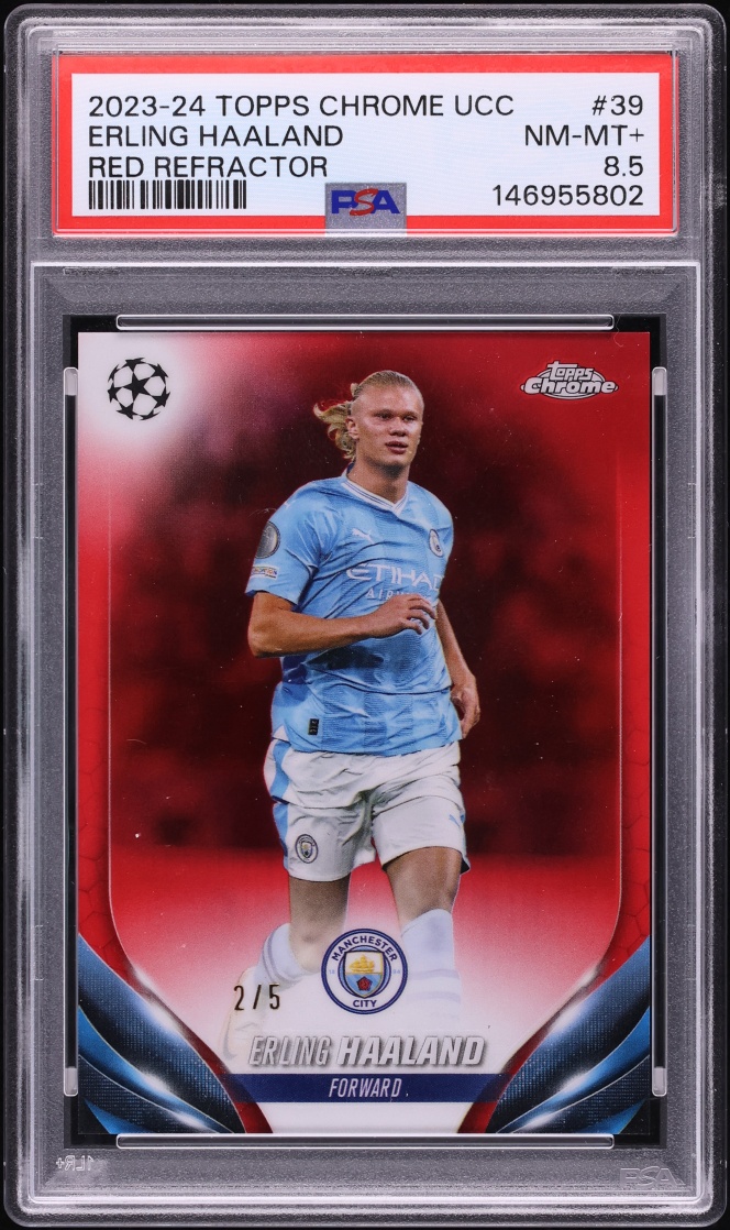 2023 Topps Chrome UEFA Club Competitions Red Refractor Erling Haaland /5 #39 PSA 8.5 NM-MT+
