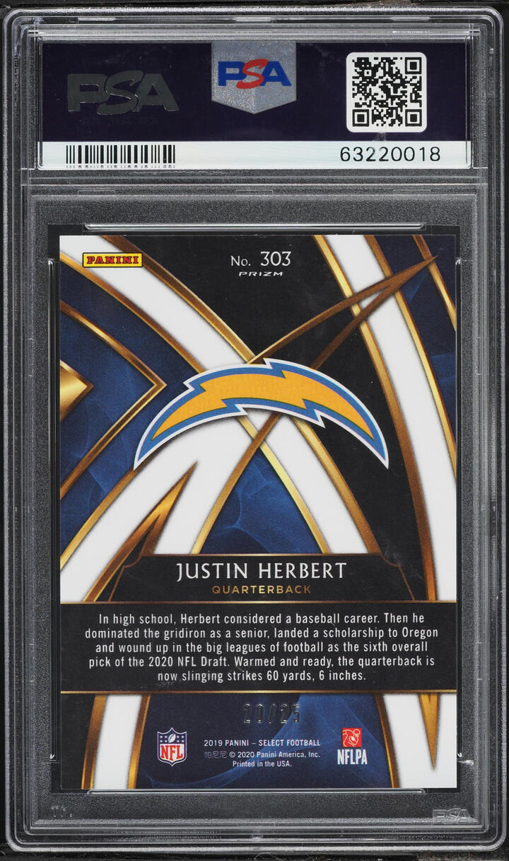 2019 Select '20 XRC Tie-Dye Prizm Justin Herbert ROOKIE /25 #303 PSA 10 GEM MINT