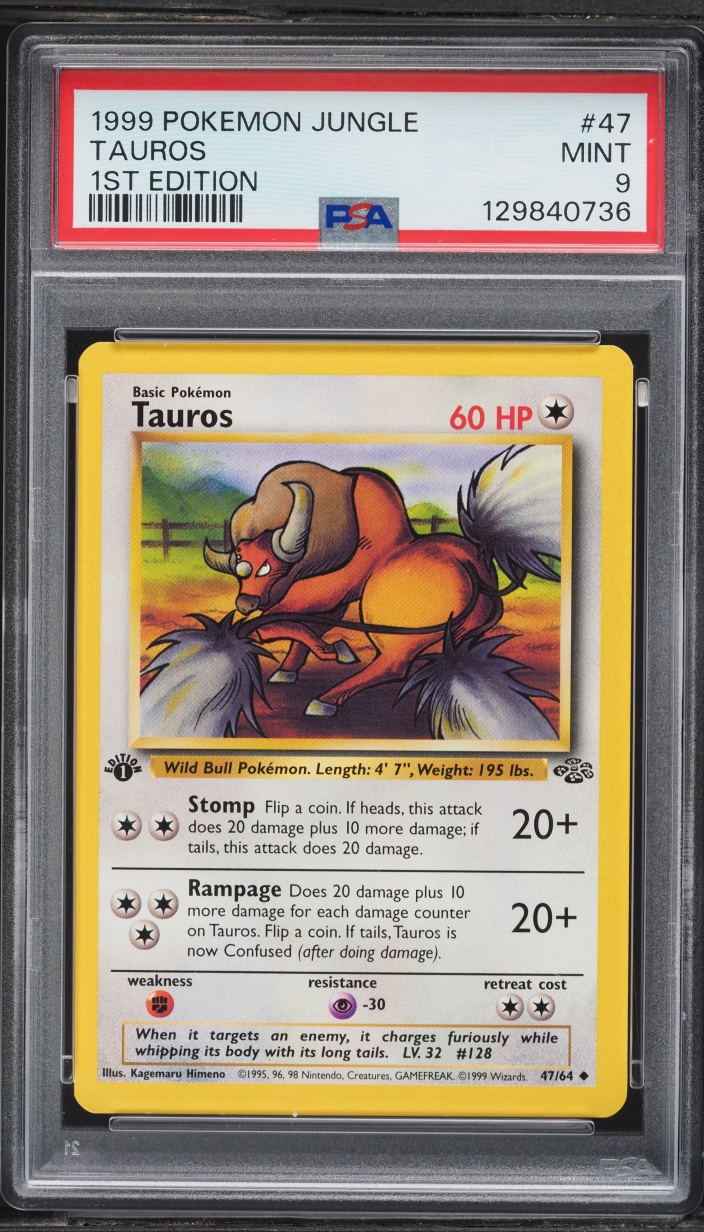 1999 Pokemon Jungle 1st Edition Tauros #47 PSA 9 MINT