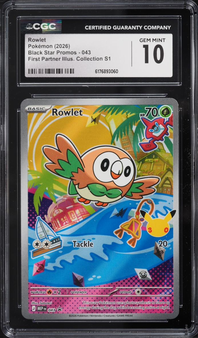 2026 Pokemon Mega Evolution Promo First Partner Illustration S1 Full Art Rowlet #43 CGC 10 GEM