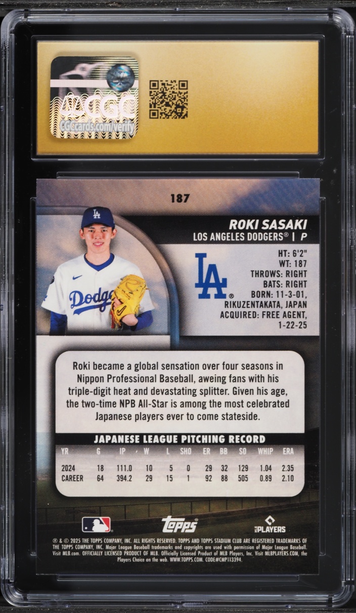 2025 Stadium Club Roki Sasaki ROOKIE #187 CGC 10 PRISTINE