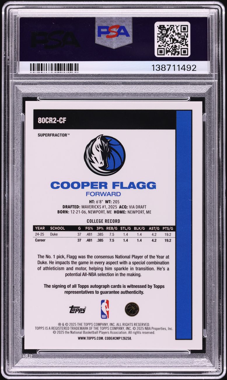 2025 Topps Chrome Silver Pack '80 Superfractor Cooper Flagg ROOKIE AUTO 1/1 #80CR2-CF PSA AUTH
