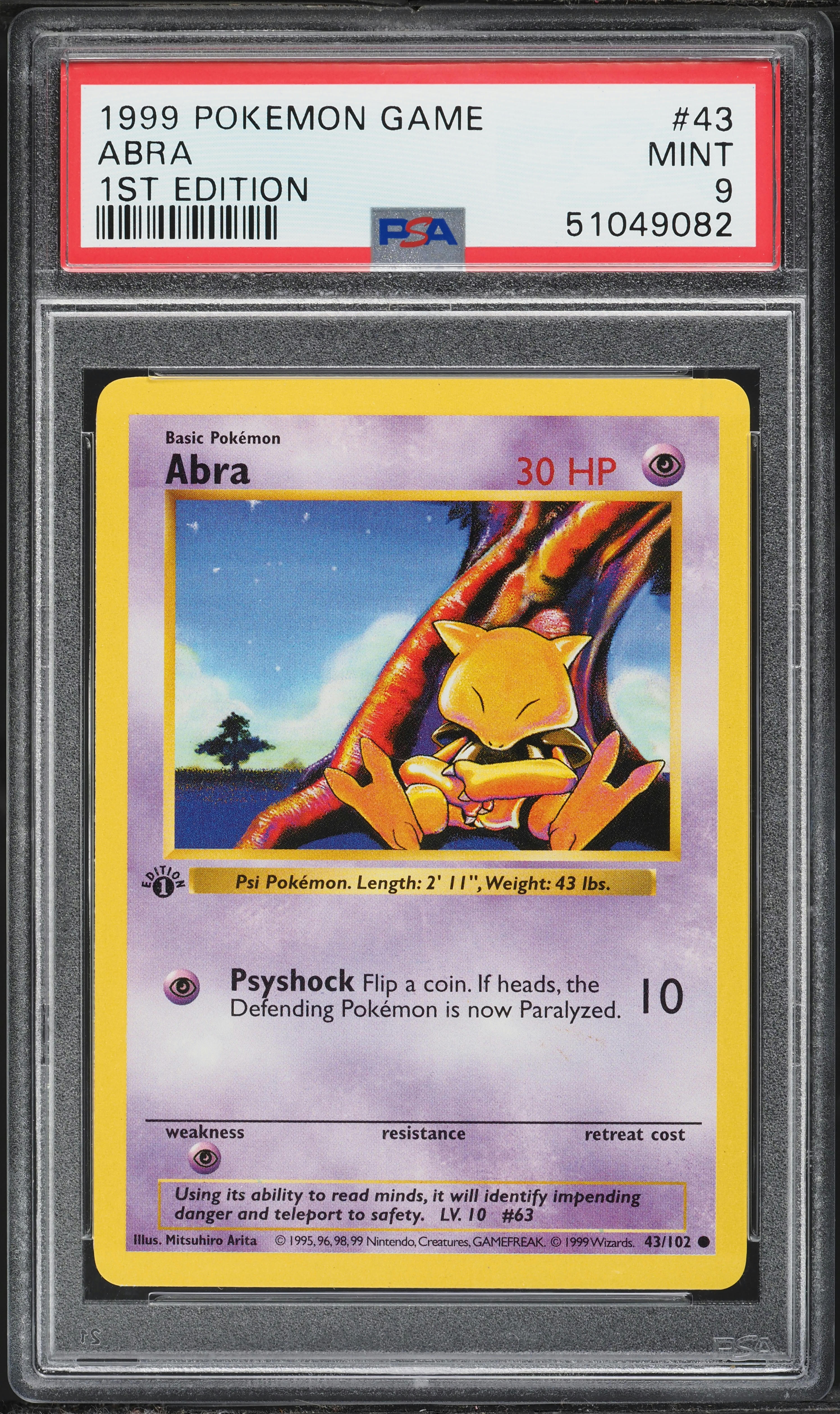 1999 Pokemon Base Set Shadowless 1st Edition Abra #43 PSA 9 MINT