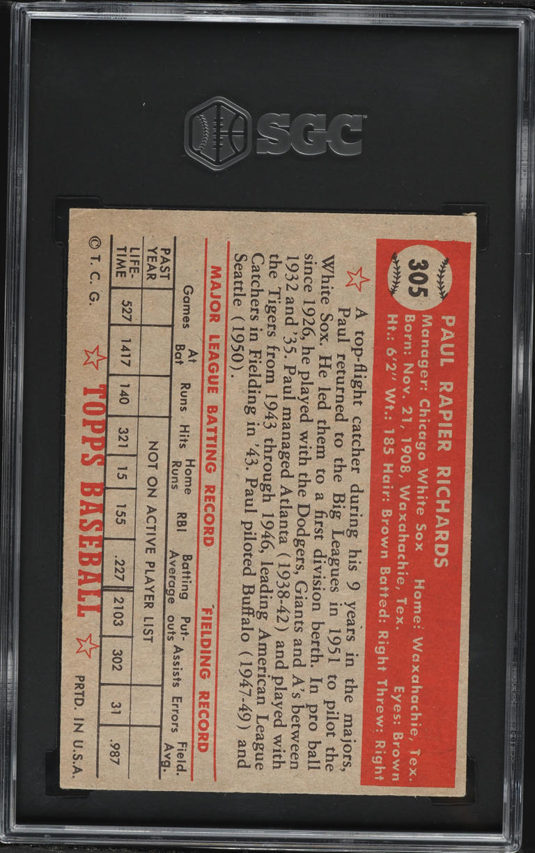 1952 Topps Paul Richards #305 SGC 5 EX