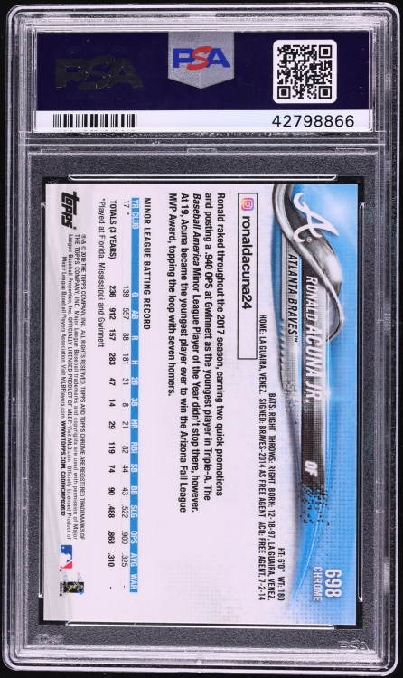 2018 Topps Chrome Sapphire Ronald Acuna Jr. ROOKIE #698 PSA 10 GEM MINT