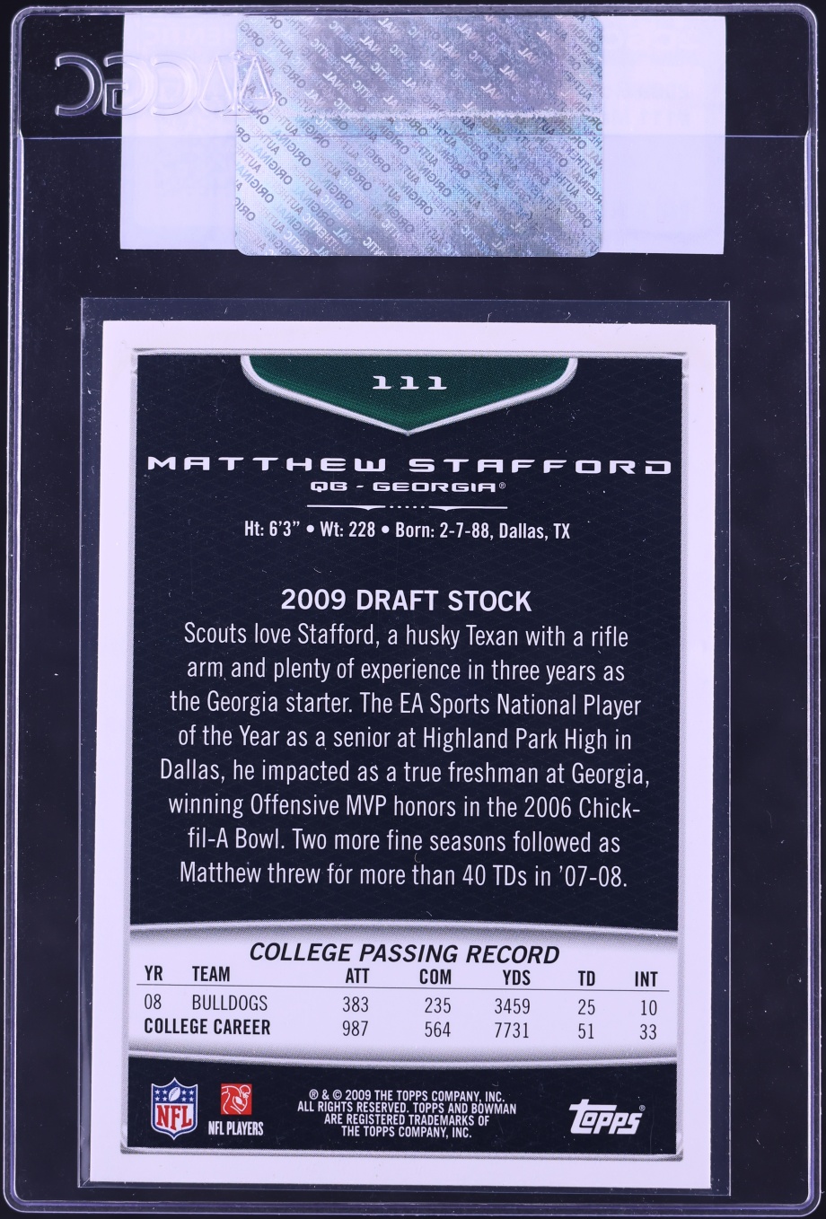 2009 Bowman Football Matthew Stafford ROOKIE #111 CGC AUTH