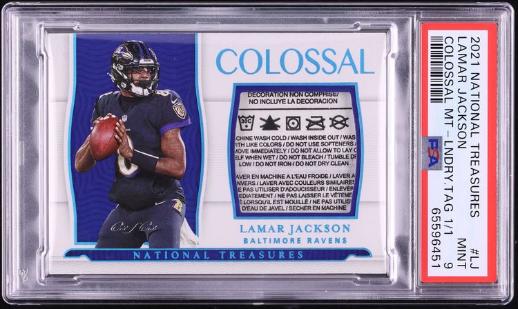 2021 National Treasures Colossal Laundry Tag Lamar Jackson PATCH 1/1 #CM-LJ PSA 9 MINT