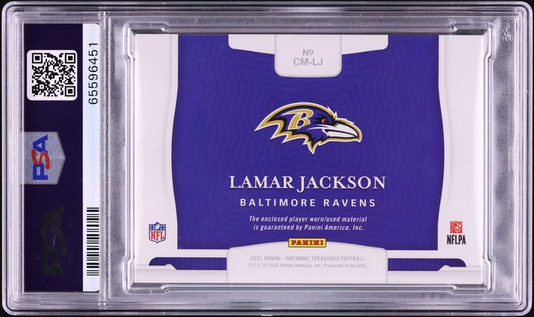 2021 National Treasures Colossal Laundry Tag Lamar Jackson PATCH 1/1 #CM-LJ PSA 9 MINT