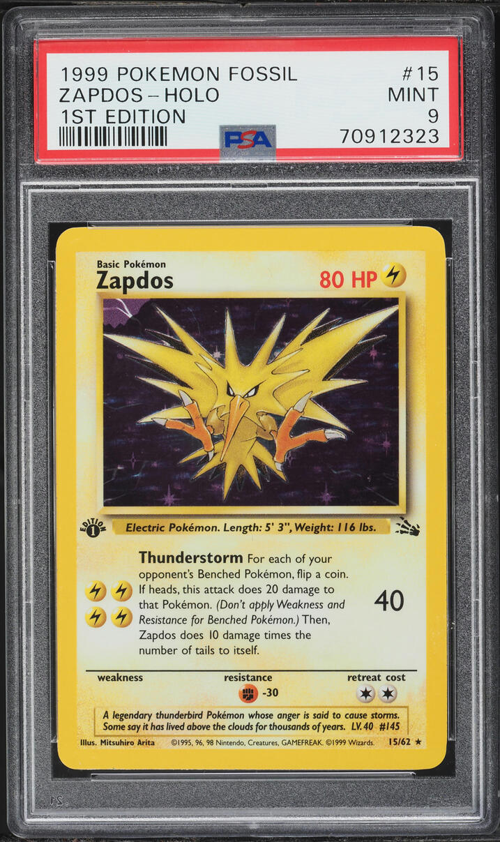 1999 Pokemon Fossil 1st Edition Holo Zapdos #15 PSA 9 MINT