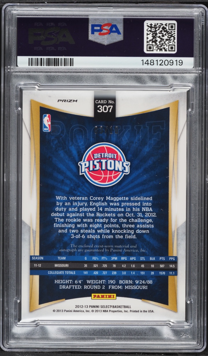 2012 Select Jersey Gold Prizm Kim English ROOKIE PATCH AUTO /10 #307 PSA 10 GEM MINT