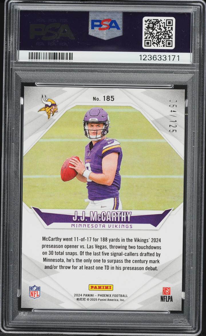 2024 Panini Phoenix Bronze Fade J.J. McCarthy ROOKIE /125 #185 PSA 10 GEM MINT