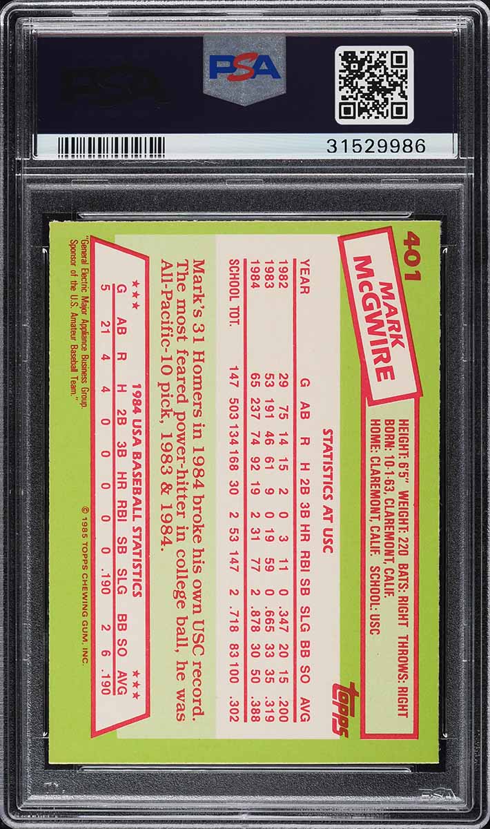 1985 Topps Tiffany Mark McGwire ROOKIE #401 PSA 10 GEM MINT