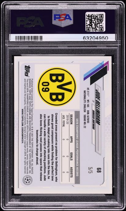 2020 Topps Chrome UEFA Sapphire Red Jude Bellingham ROOKIE 5/5 #68 PSA 10 GEM MINT