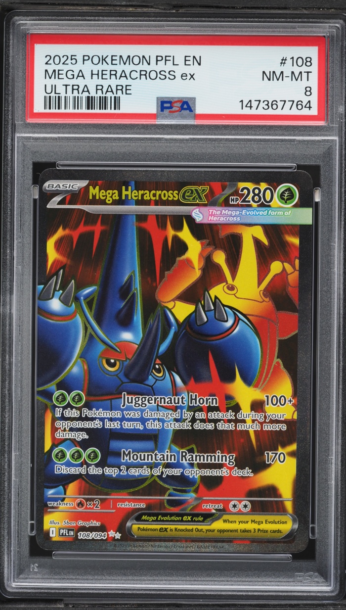 2025 Pokemon Mega Evolution Phantasmal Flames Full Art Mega Heracross Ex #108 PSA 8 NM-MT