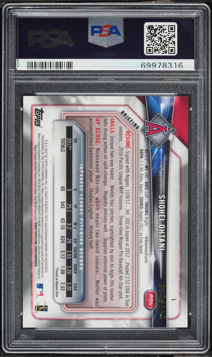2018 Bowman Chrome Blue Refractor Shohei Ohtani ROOKIE /150 #1 PSA 9 MINT