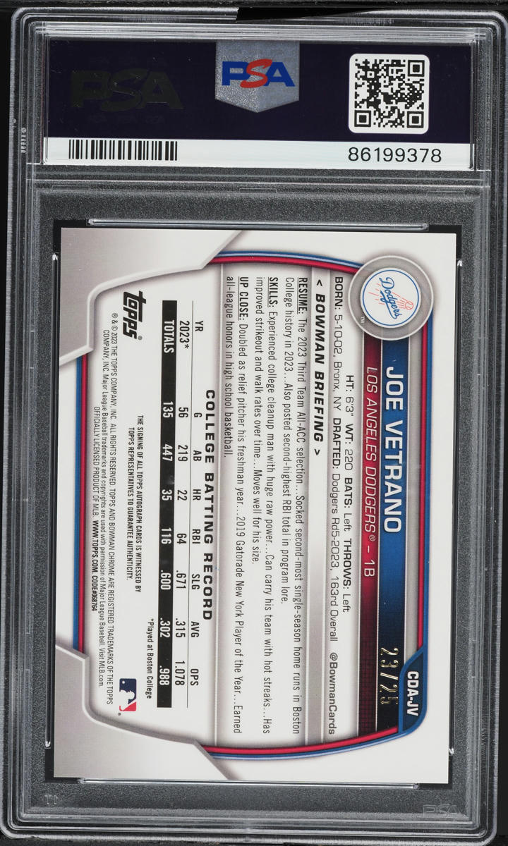 2023 Bowman Chrome Orange Joe Vetrano PROSPECT AUTO /25 #CDAJV PSA 10 GEM MINT