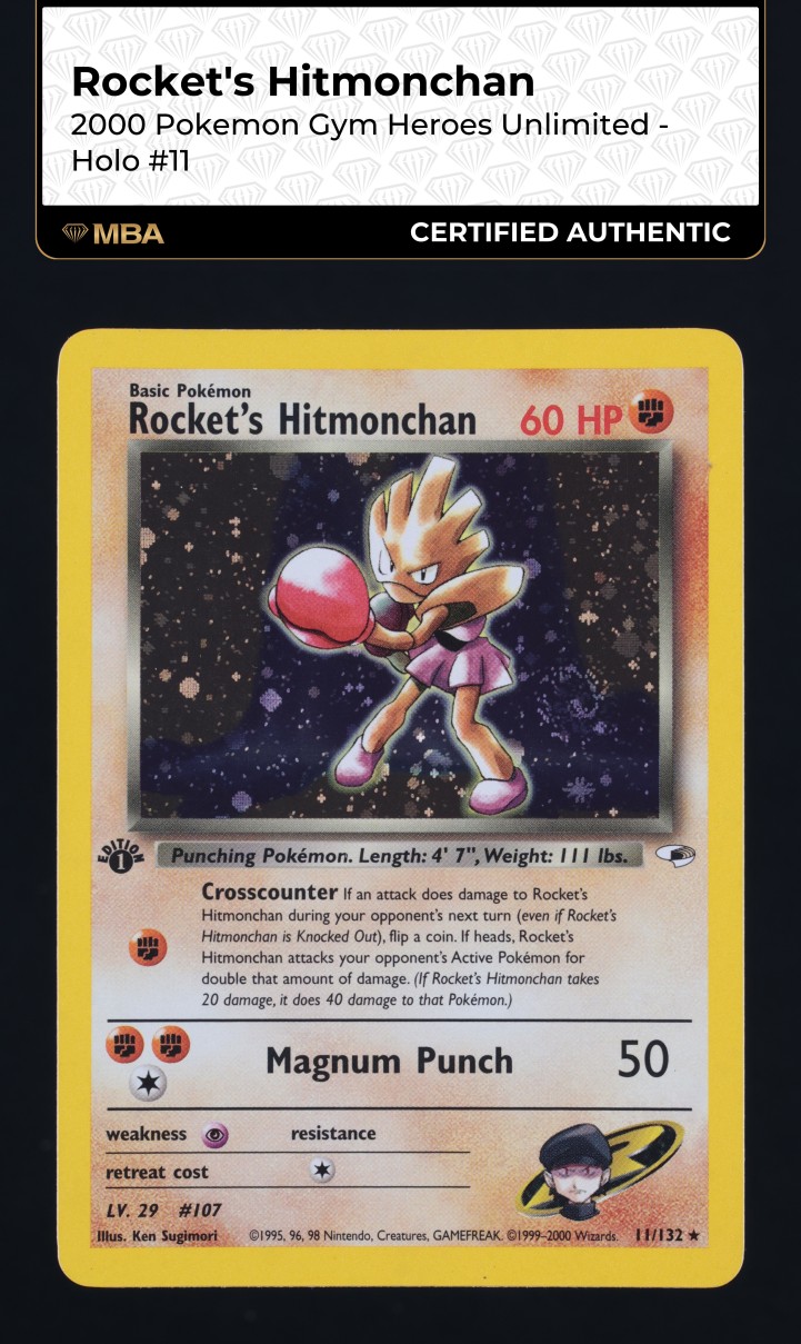 2000 Pokemon Gym Heroes 1st Edition Holo Rocket's Hitmonchan #11 MBA AUTH
