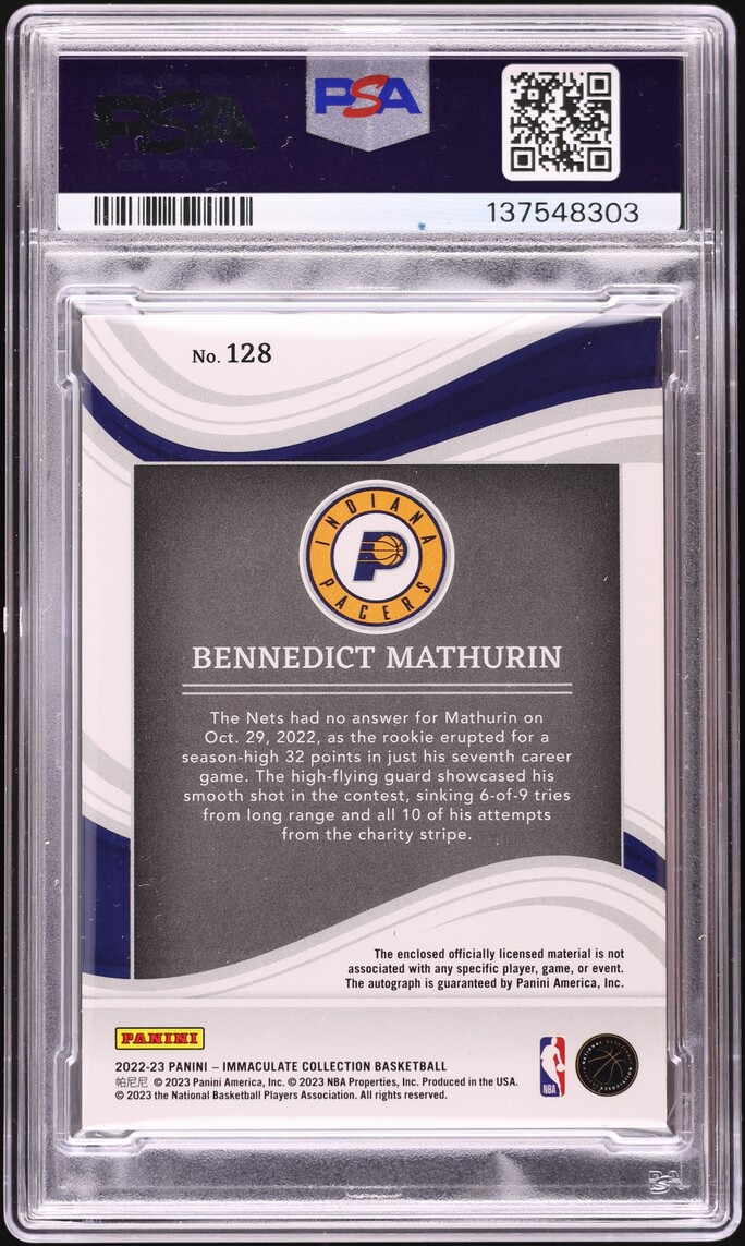 2022 Immaculate Collection Bennedict Mathurin ROOKIE LOGOMAN PATCH AUTO 1/1 #128 PSA AUTH