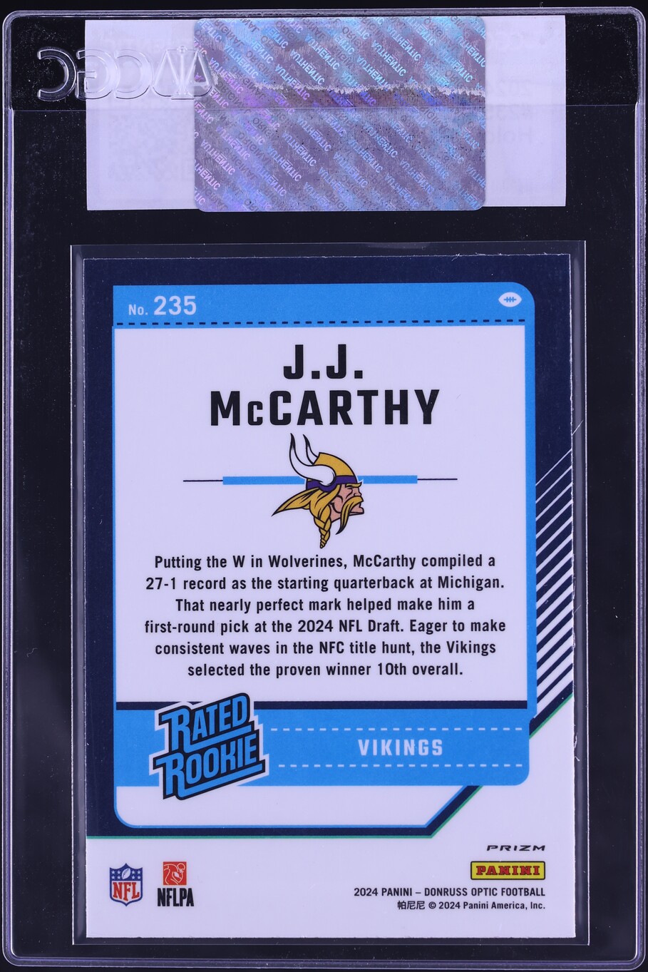 2024 Donruss Optic Holo J.J. McCarthy ROOKIE #235 CGC AUTH