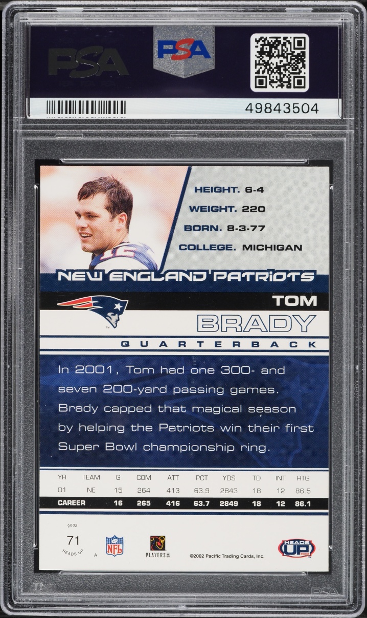 2002 Pacific Heads Up Tom Brady #71 PSA 9 MINT