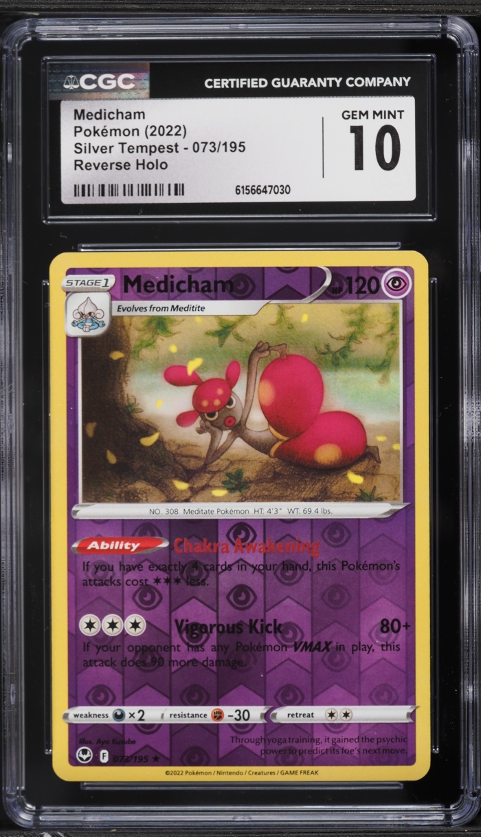2022 Pokemon Sword & Shield Silver Tempest Reverse Holo Medicham #073 CGC 10 GEM MINT