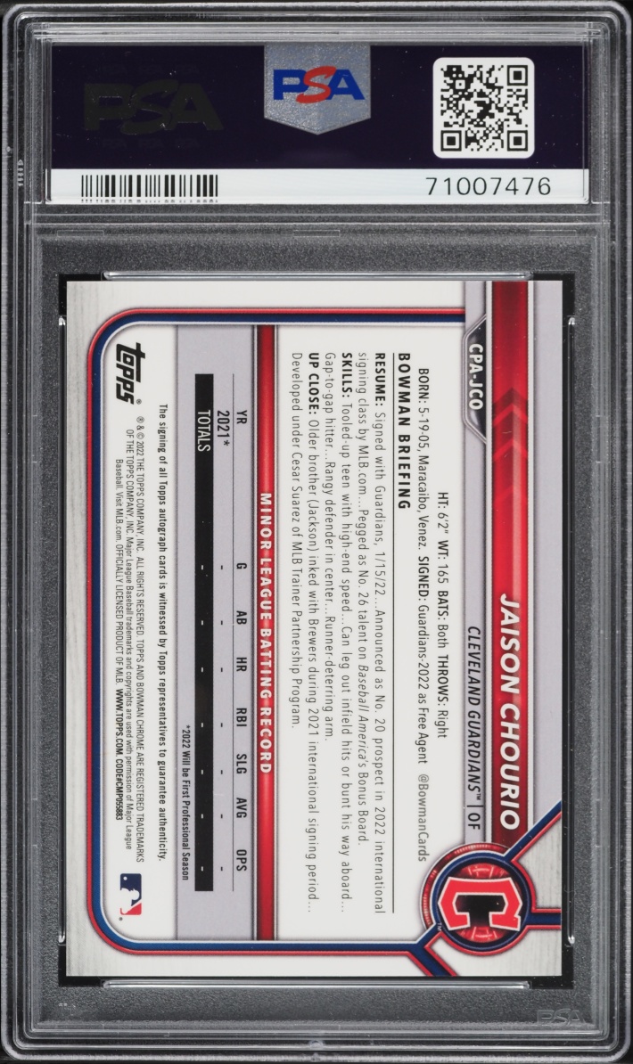 2022 Bowman Chrome Speckle Refractor Jaison Chourio PROSPECT AUTO /299 #CPA-JCO PSA 10 GEM MINT