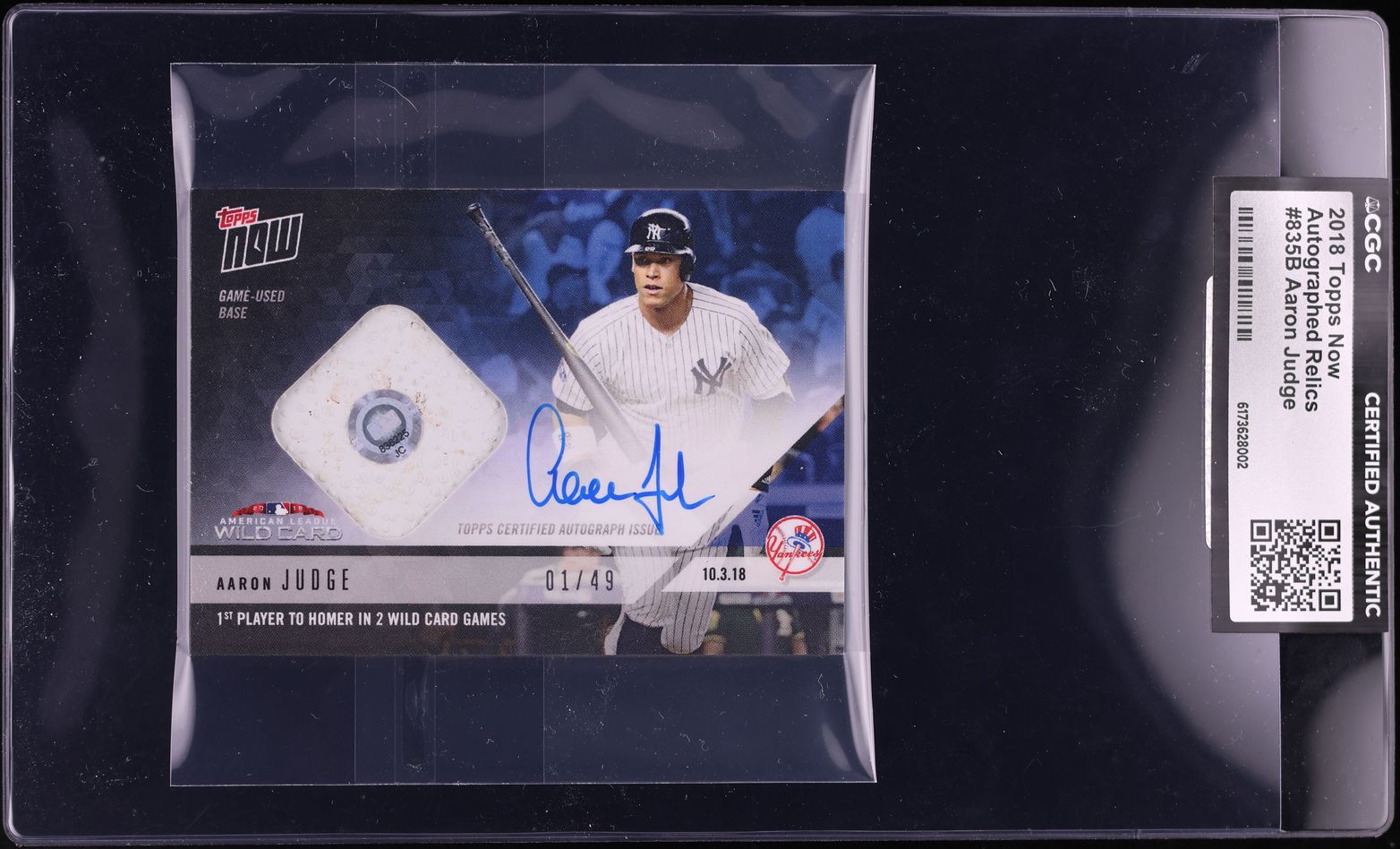 2018 Topps Now Game Used Base Aaron Judge RELIC AUTO 1/49 #835B CGC AUTH