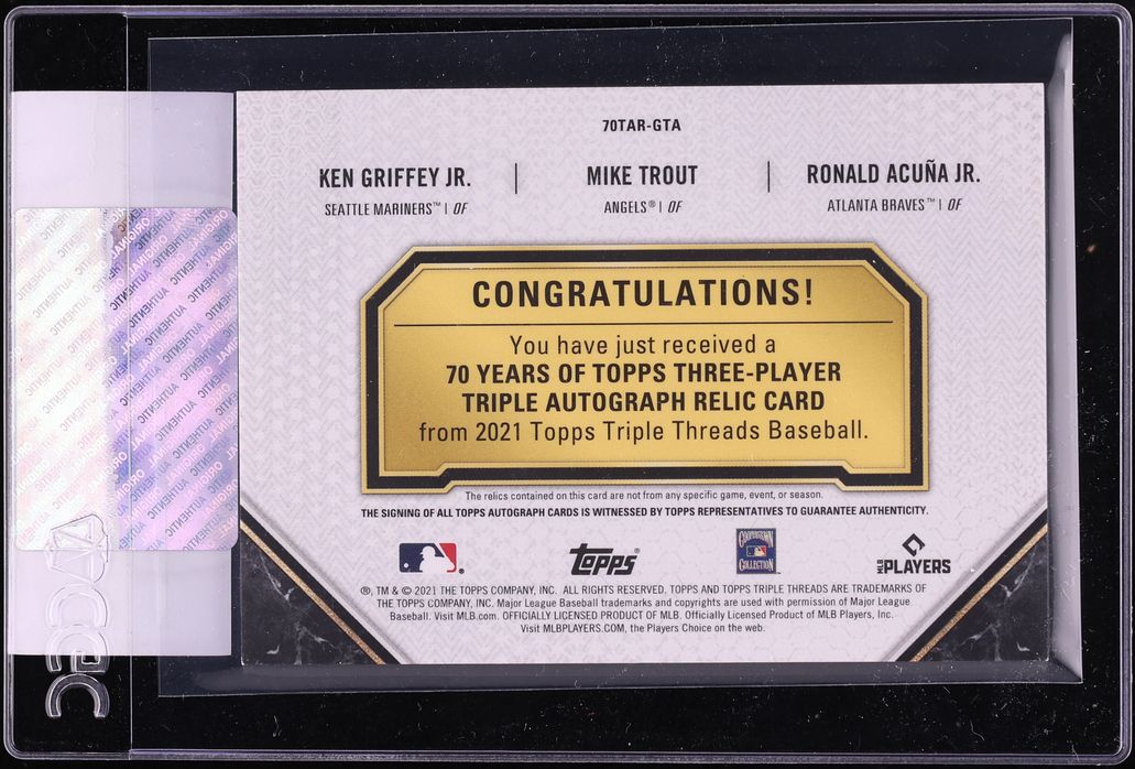 2021 Topps Triple Threads 70 Years Griffey Jr. Trout Acuna Jr. PATCH AUTO 1/9 #GTA CGC AUTH