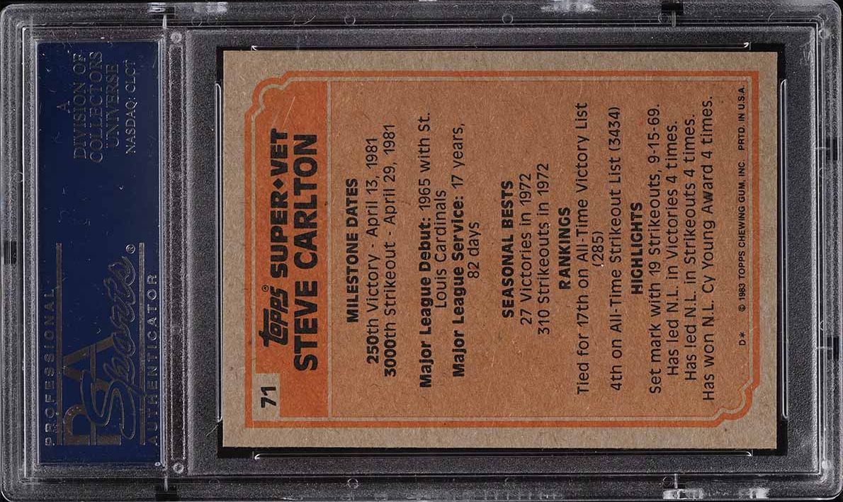1983 Topps Steve Carlton SUPER VETERAN #71 PSA 10 GEM MINT