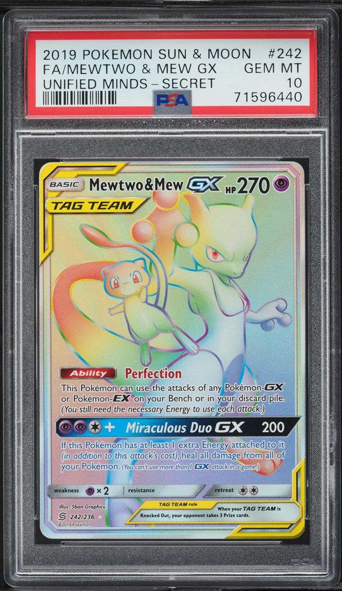 2019 Pokemon SM Unified Minds Rainbow Rare Mewtwo & Mew GX #242 PSA 10 GEM MINT