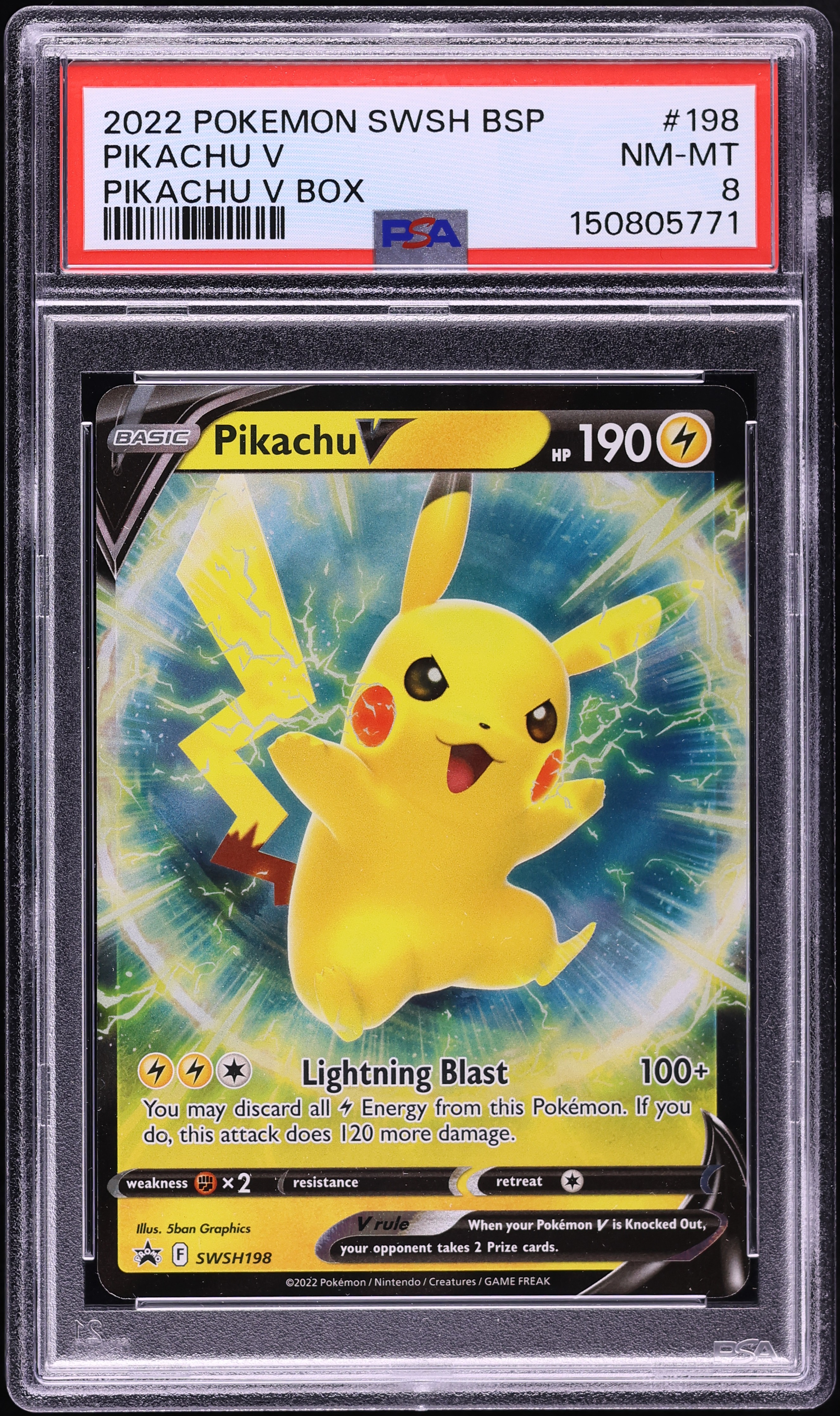 2022 Pokemon Sword & Shield Black Star Promo Box Holo Pikachu V #SWSH198 PSA 8 NM-MT