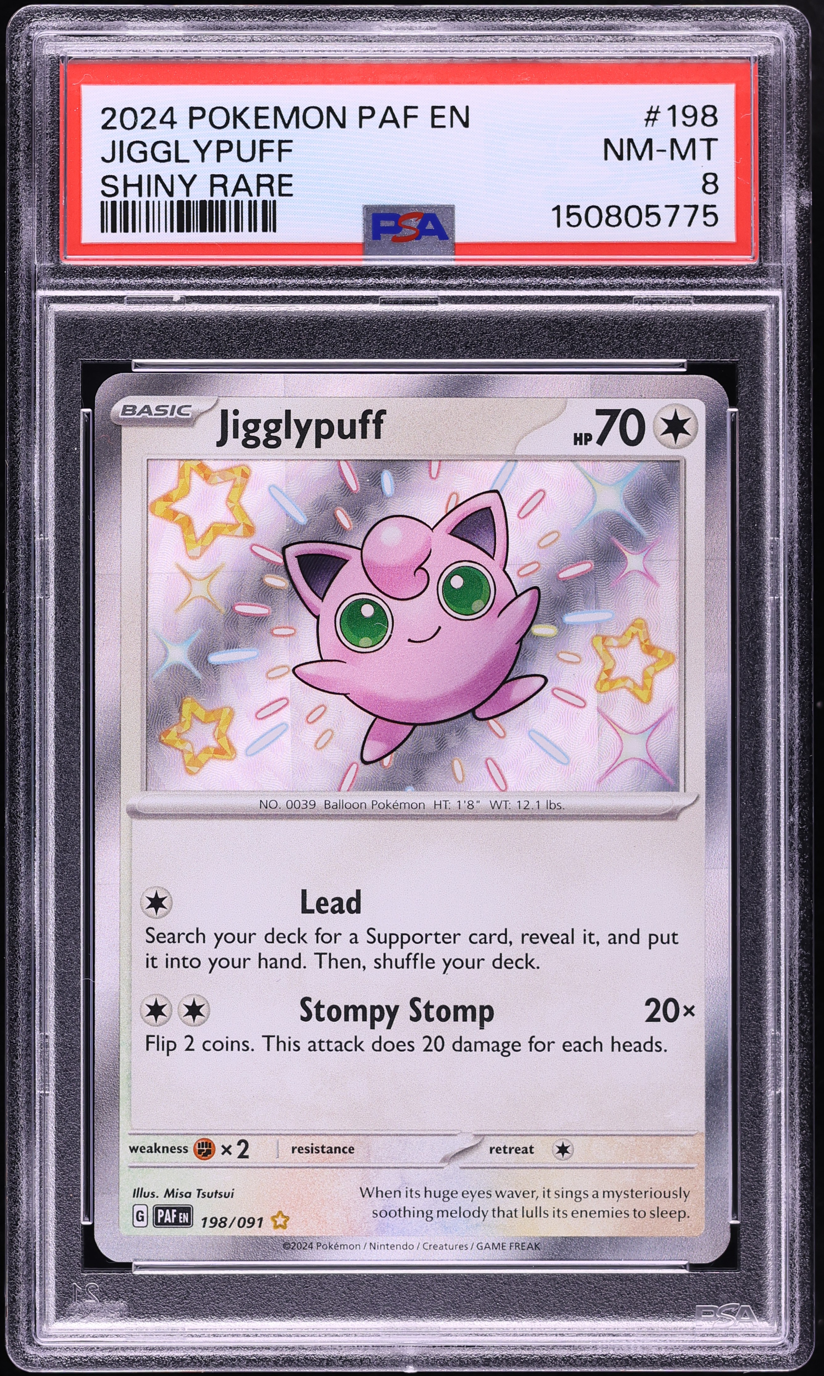 2024 Pokemon Scarlet & Violet Paldean Fates Shiny Rare Jigglypuff #198 PSA 8 NM-MT