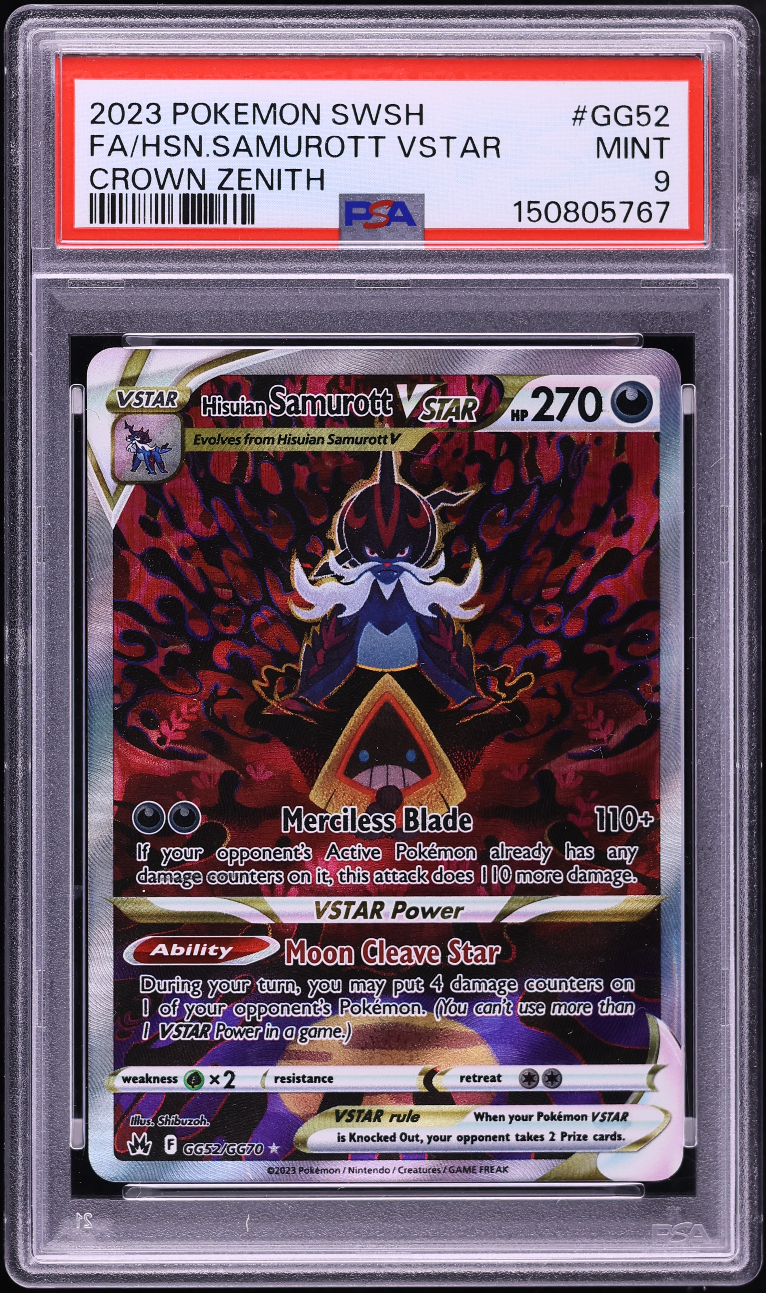 2023 Pokemon Sword & Shield Crown Zenith Alt Art Hisuian Samurott VSTAR #GG52 PSA 9 MINT