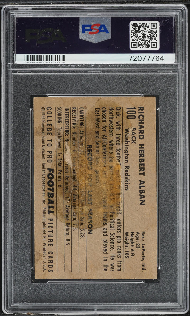 1952 Bowman Small Dick Alban #100 PSA 1 PR